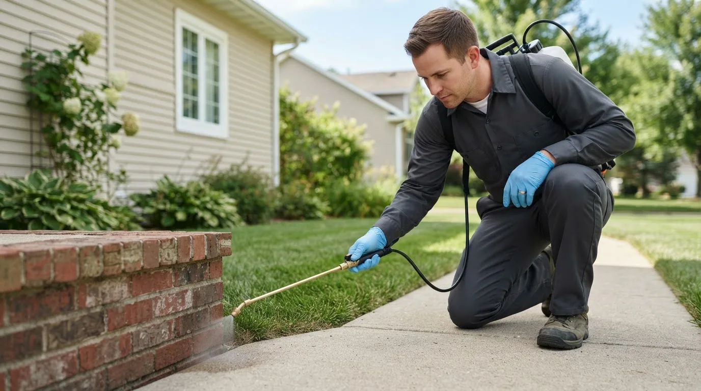 Pest control technician treating a home near Middletown, IN